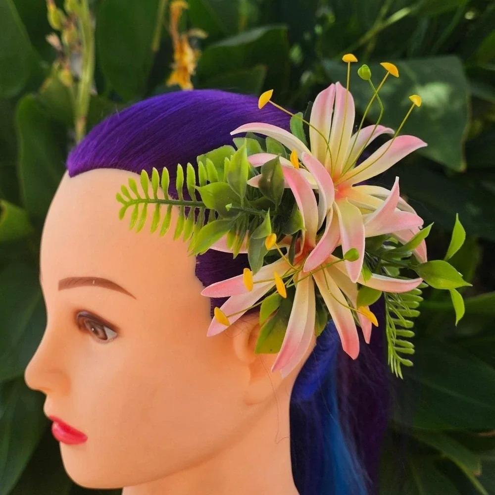 Handmade‎ Pink White Lily Hair Flower Clip Tiki Rockabilly Pinup Hawaiian